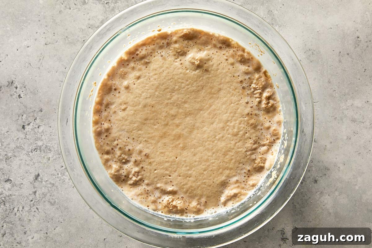 yeast activating in warm milk with bubbles forming on top