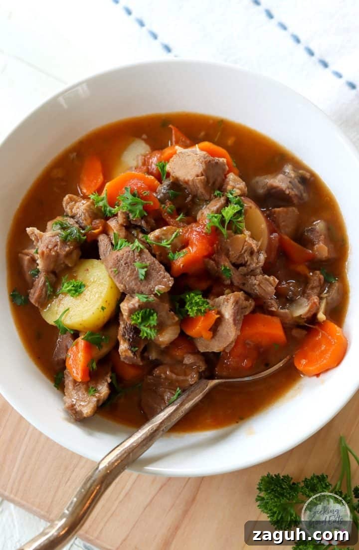 Hearty Lamb Stew from Leftover Roast: Quick Comfort Recipe 2 Looking down on a white bowl full of lamb stew that has been garnished with fresh parsley.
