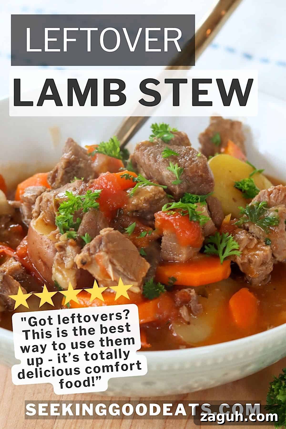Hearty Lamb Stew from Leftover Roast: Quick Comfort Recipe 4 Leftover lamb stew with potatoes and carrots in a gray bowl garnished with parsley.