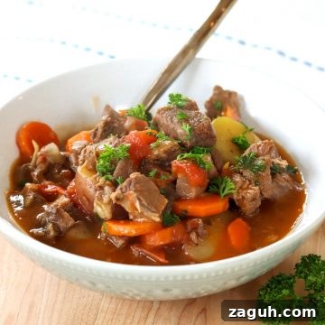 Hearty Lamb Stew from Leftover Roast: Quick Comfort Recipe 5 A gray and white bowl of lamb stew garnished with parsley.