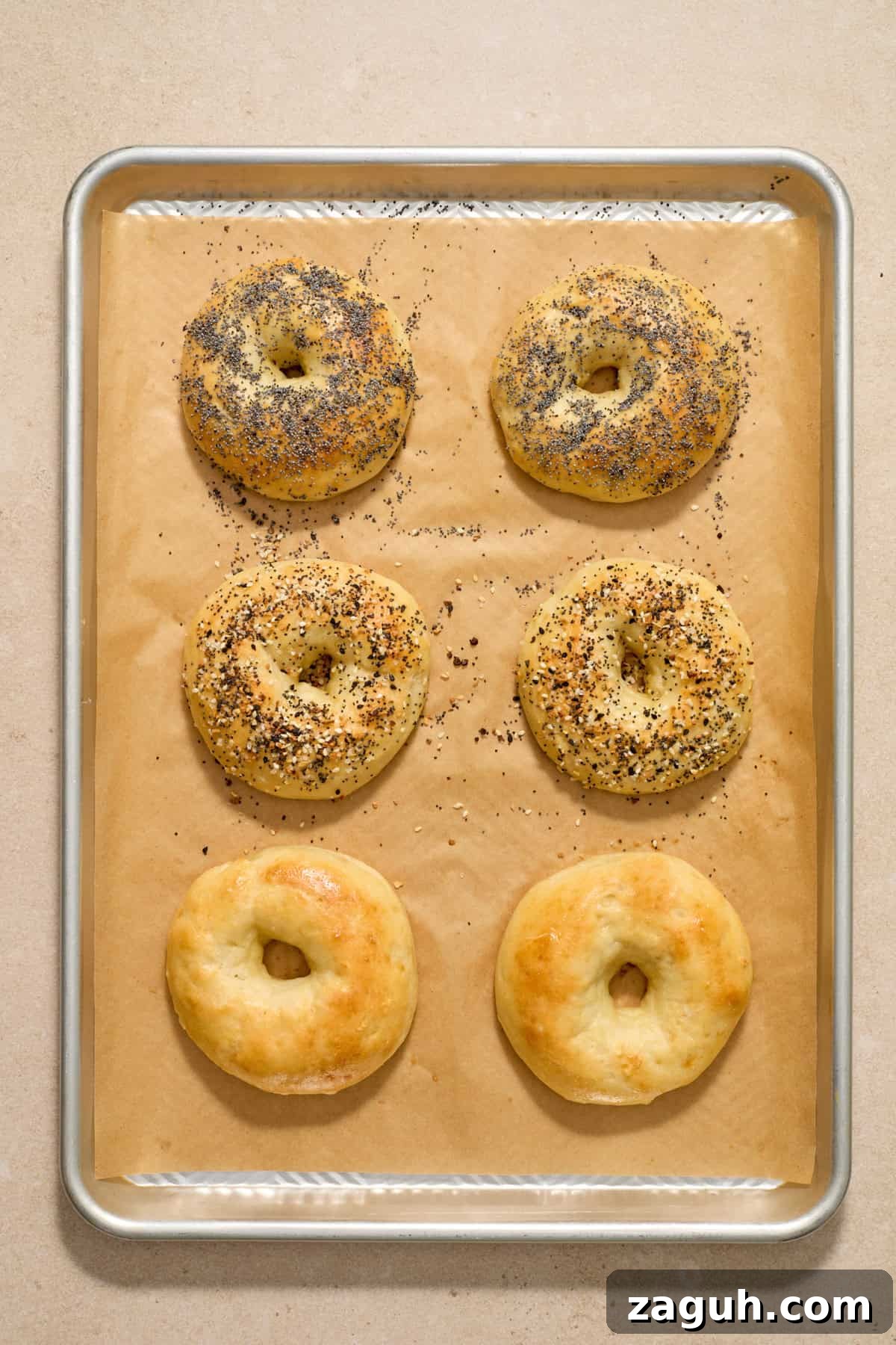 Baked protein bagels on parchment lined cookie sheet.