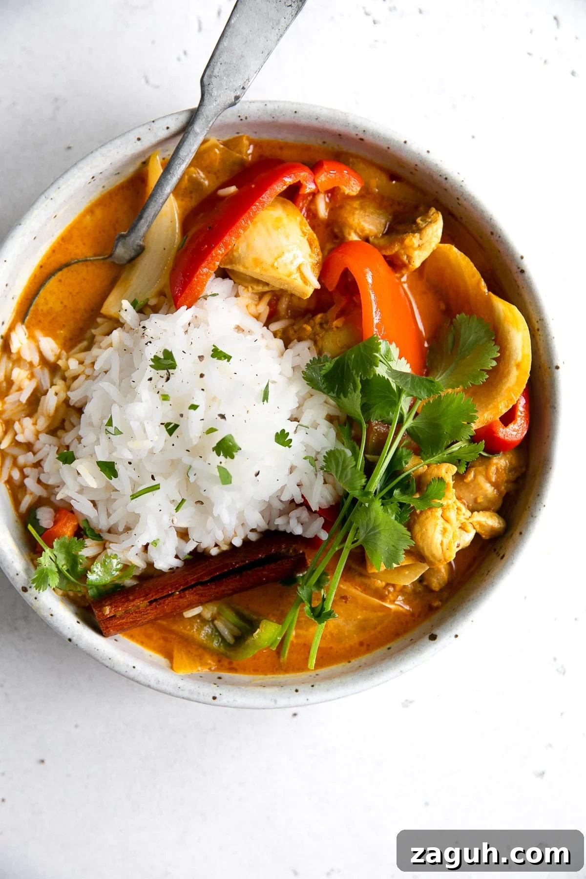 Authentic Chicken Curry Recipe: Step-by-Step Homemade Guide 2 Colorful chicken curry in a large bowl and topped with white rice and fresh cilantro.