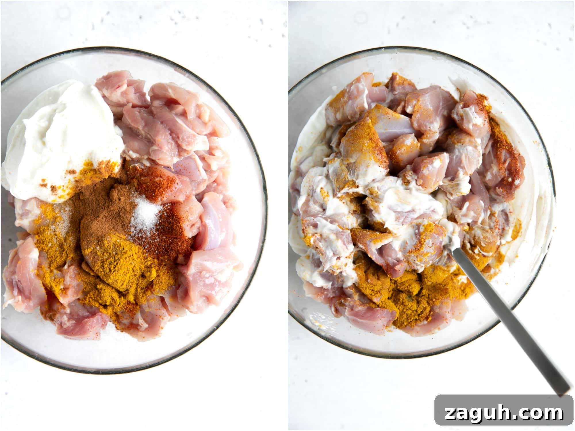 Authentic Chicken Curry Recipe: Step-by-Step Homemade Guide 4 Mixing chicken thighs with yogurt and curry seasoning.