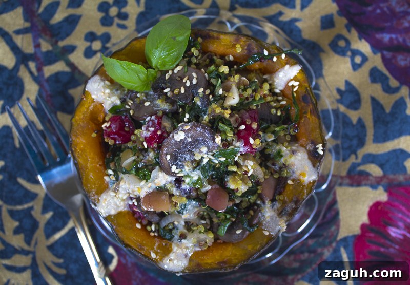 Roasted Acorn Squash Stuffed with Fruit and Veggie Quinoa Pilaf 8 Add some Lemony Tahini Dressing and toasted Sesame Seeds if desired