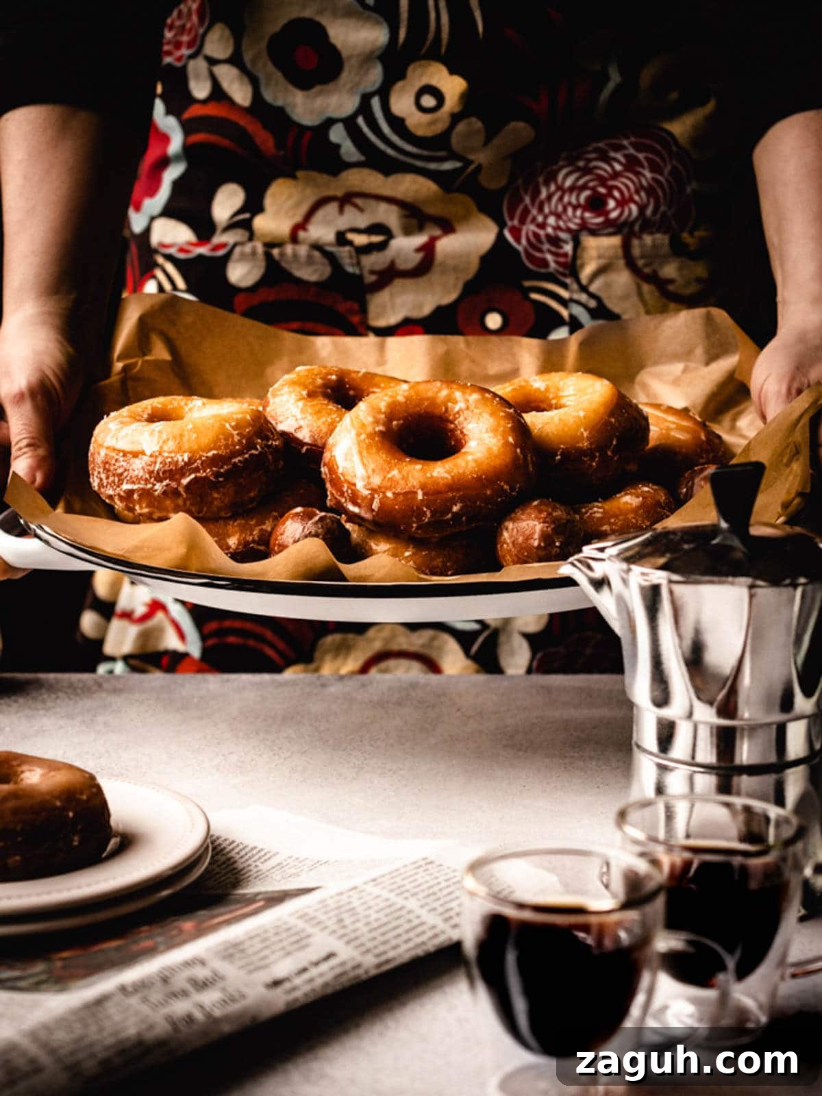 Classic Glazed Donuts: Soft, Shiny, Homemade Recipe 2 Serving homemade glazed donuts on a platter.