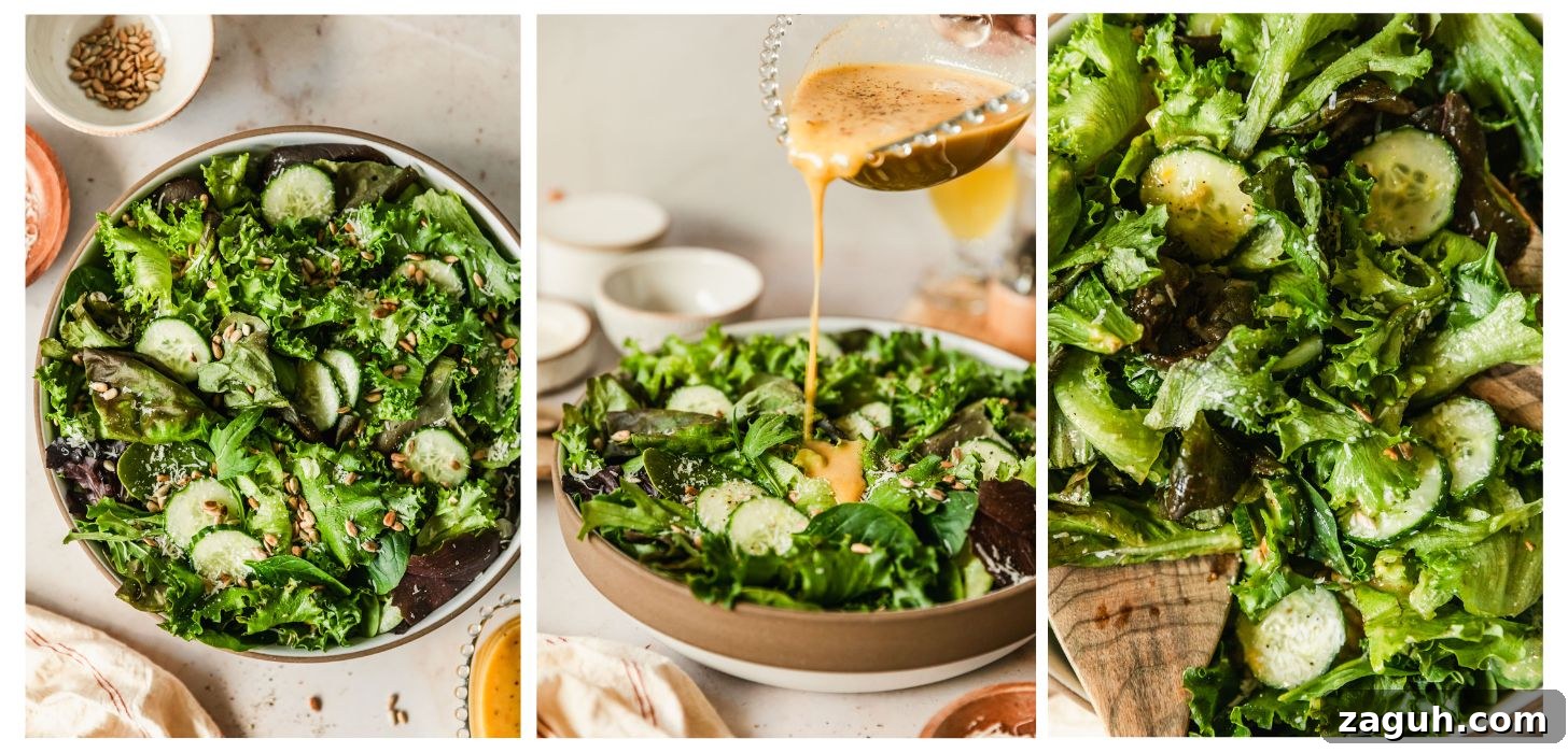 Green Salad with Sherry-Shallot Vinaigrette Recipe 6 Three steps to making green salad. In photo 1, a white bowl of lettuce, cucumbers, sunflower seeds, and parmesan is on a tan counter next to a beige linen, white bowl of sunflower seeds, and wood bowl of parmesan. In photo 2, a hand pours a jar of dressing over the salad. In photo 3, the salad is tossed.