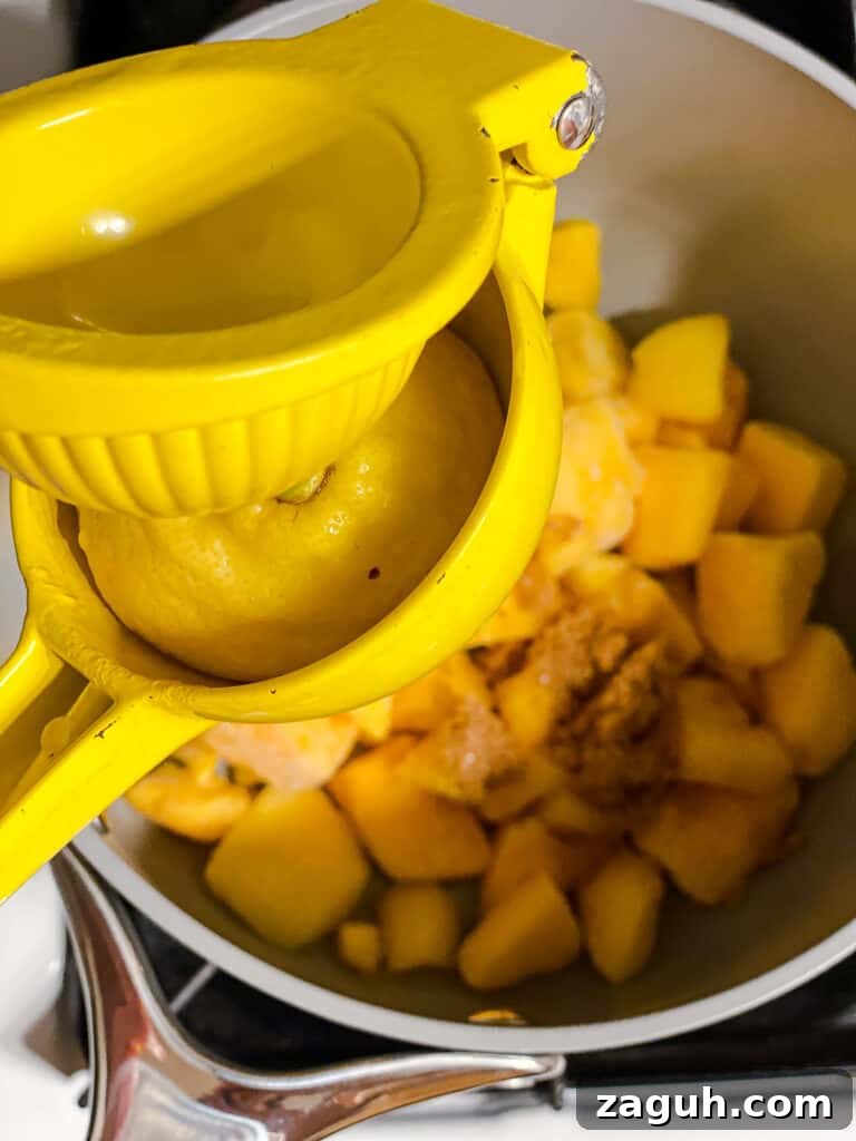 3-Ingredient Mango Compote (Simple Coulis Recipe) 6 process shot of juicing lemon into pot of mangos