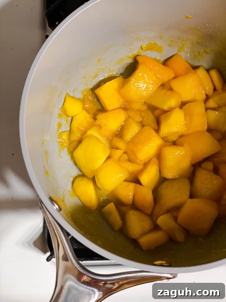 3-Ingredient Mango Compote (Simple Coulis Recipe) 7 process shot of mango compote ingredients cooking in pot