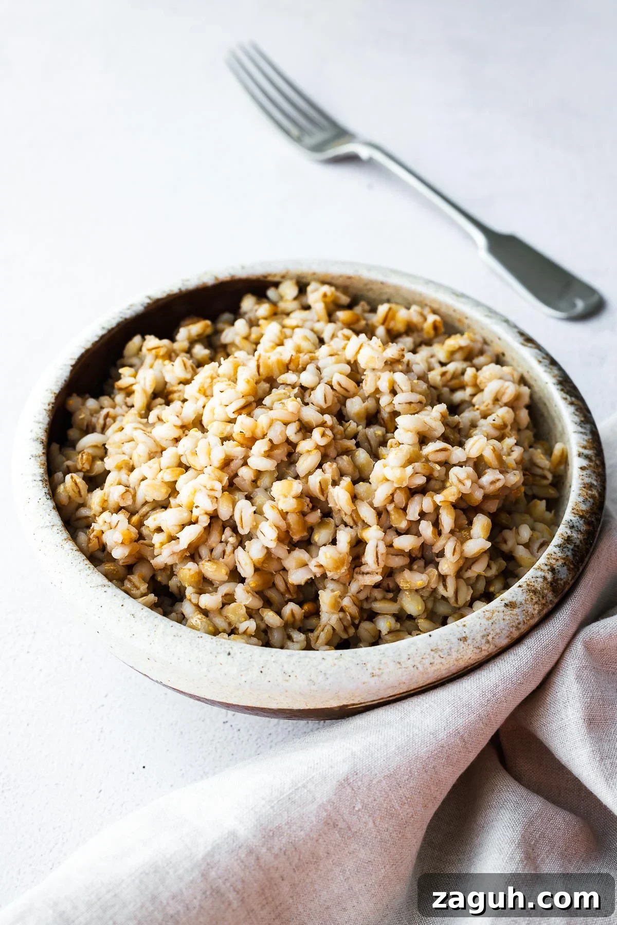 How to Cook Barley: Instant Pot and Stovetop Methods 2 Cooked barley in a ceramic bowl on a concrete surface with a fork in the background.