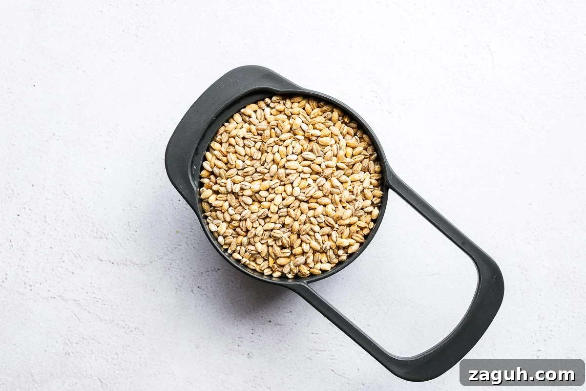 How to Cook Barley: Instant Pot and Stovetop Methods 3 A cup of uncooked pearl barley on a light concrete background viewed from above.