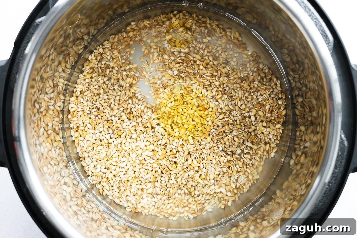 How to Cook Barley: Instant Pot and Stovetop Methods 4 Unccoked pearl barley with water and olive oil in the Instant Pot insert.