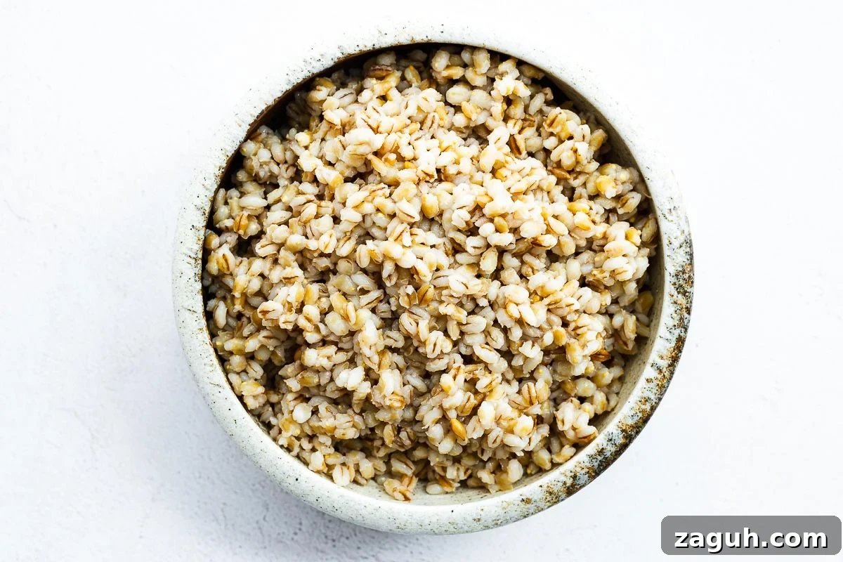 How to Cook Barley: Instant Pot and Stovetop Methods 5 Bowl of cooked barley viewed from above.
