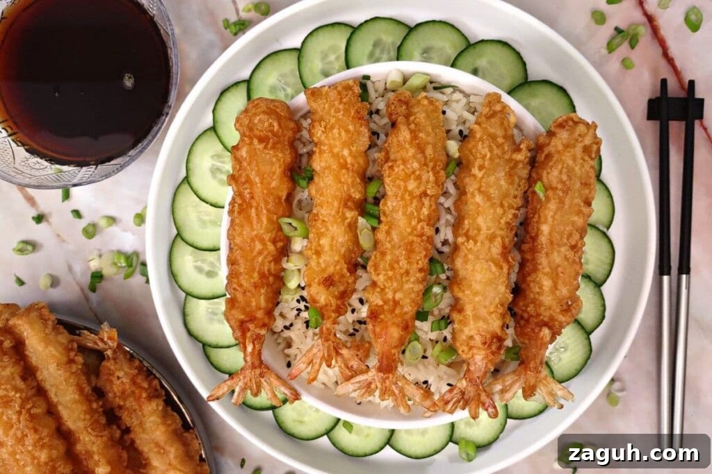 Crispy Air-Fryer Tempura Shrimp from Aldi Frozen Pack 6 overhead view of air fried tempura shrimp on a plate with soy sauce