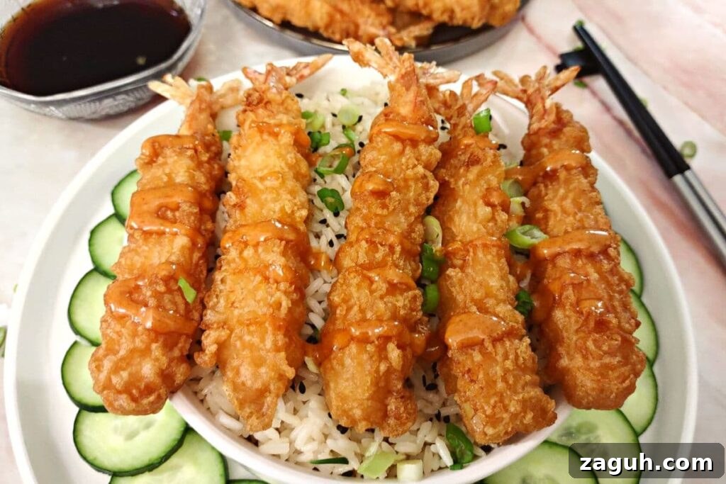 Crispy Air-Fryer Tempura Shrimp from Aldi Frozen Pack 7 five air fried tempura shrimp on a plate on top of rice with soy sauce