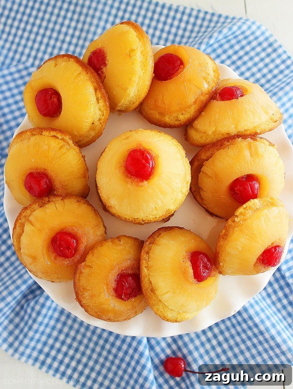 Individual Mini Pineapple Upside-Down Cakes Recipe 5 Mini Pineapple Upside Down Cakes – Made skinny! Easy mini pineapple upside down cakes with butter, brown sugar, and a cherry on top... and only 184 calories each!
