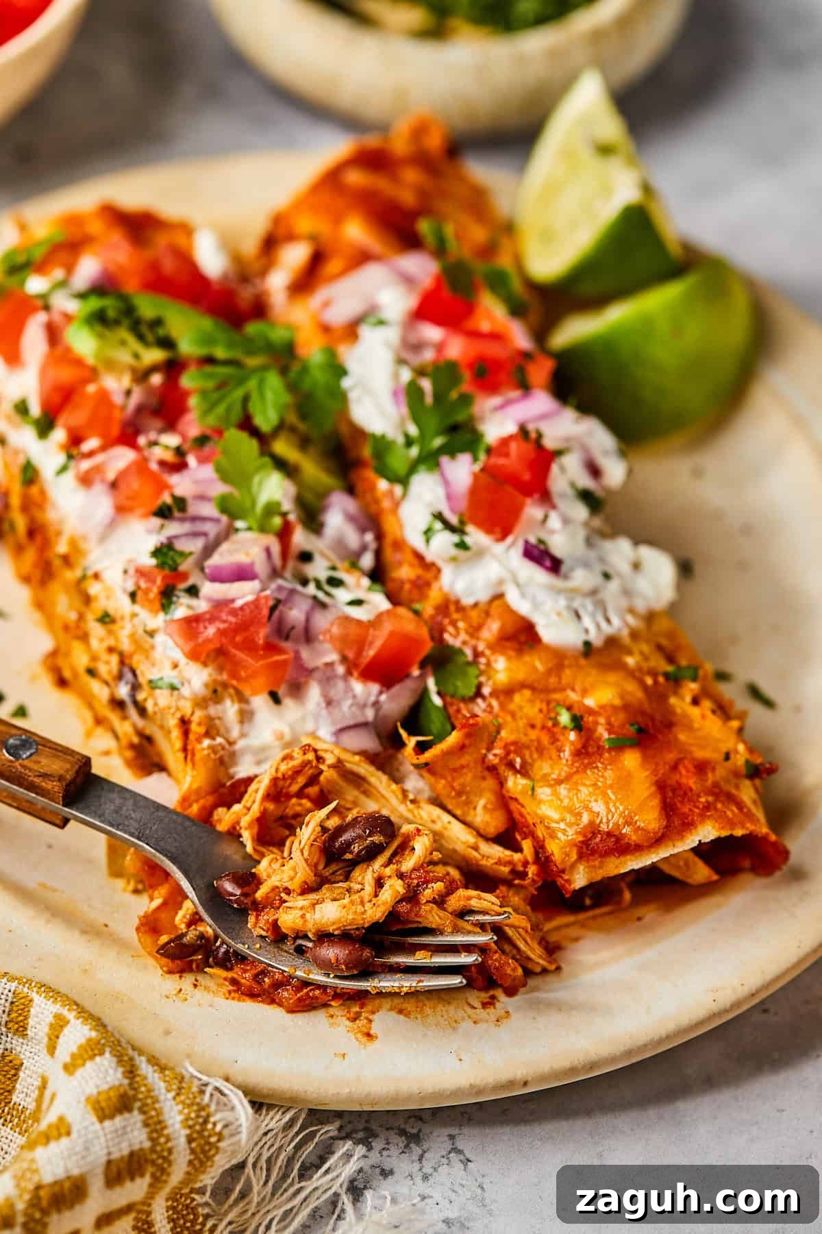 a close up of chicken and black bean enchiladas topped with salsa, sour cream, and cilantro. 