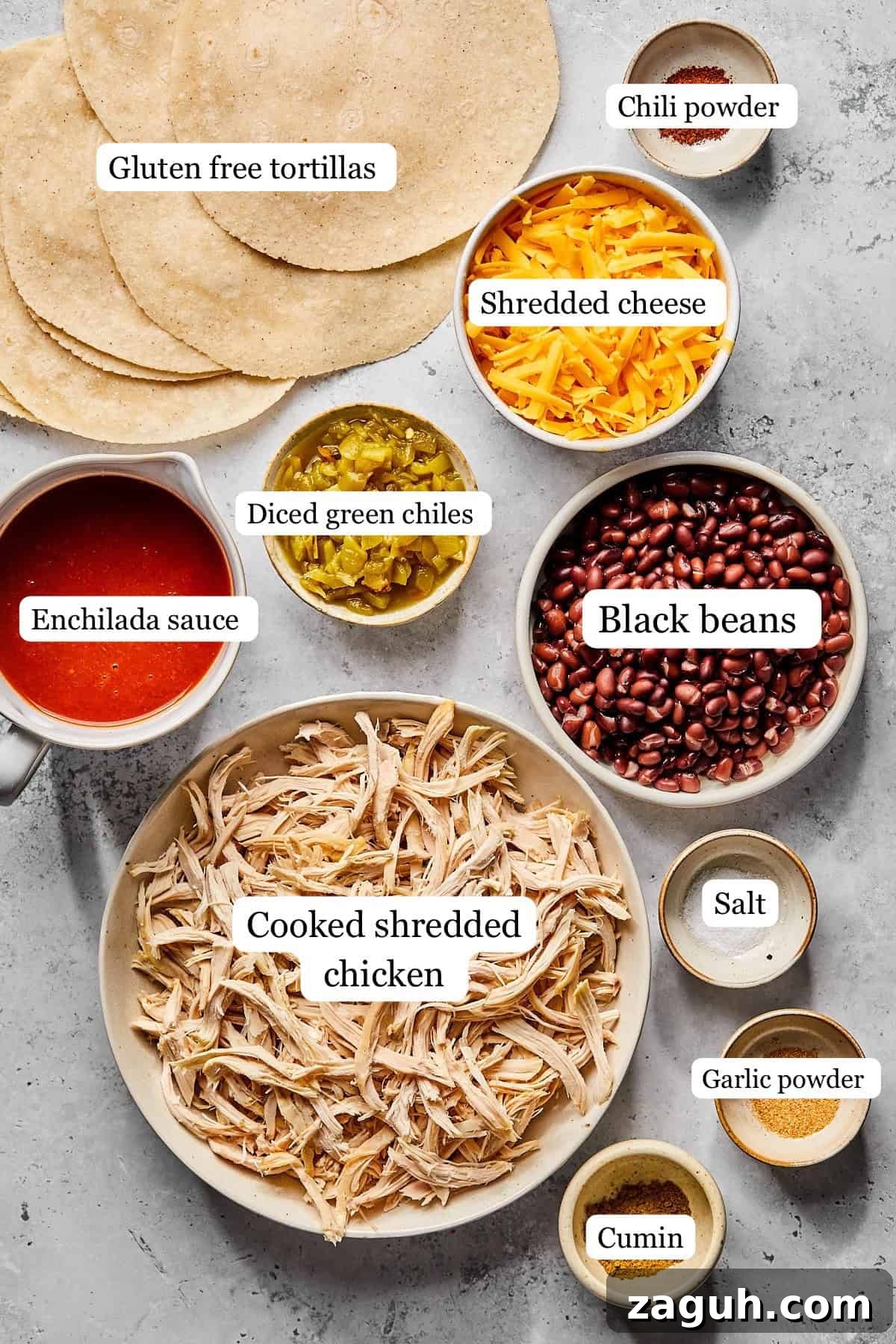 recipe ingredients in small bowls and labeled. 