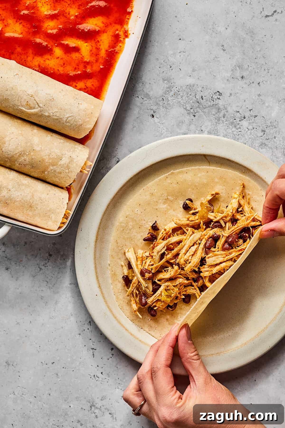 chicken and black beans in a tortilla