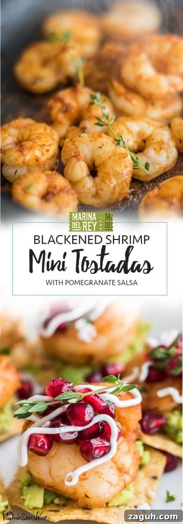 Mini Shrimp Tostadas with Pomegranate Salsa / #ad The perfect healthy party appetizer! Blackened shrimp, guacamole, and a tangy pomegranate salsa.