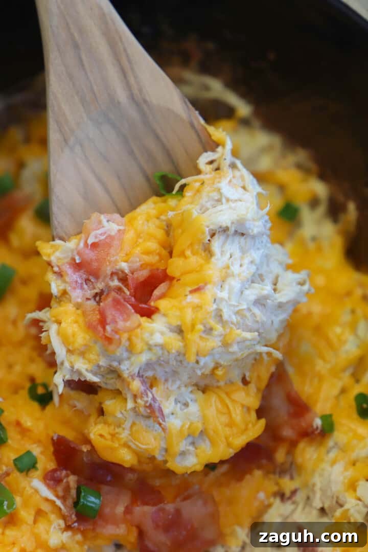Creamy Slow Cooker Crack Chicken Recipe for Sandwiches & Dips 6 closeup of crack chicken on wooden spoon.