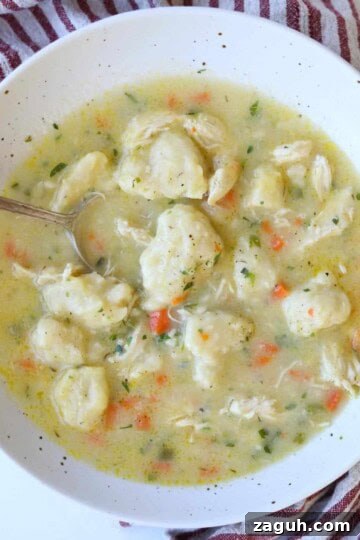 large white speckled bowl full of chicken and dumplings
