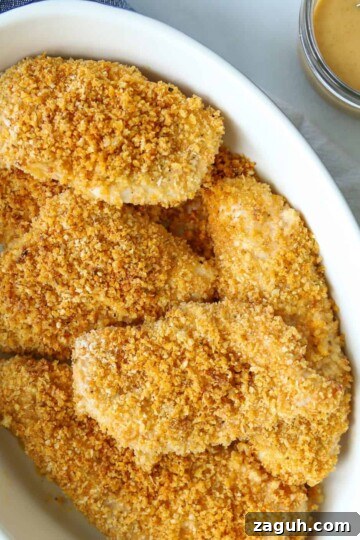 panko crusted chicken in casserole dish with side of honey mustard