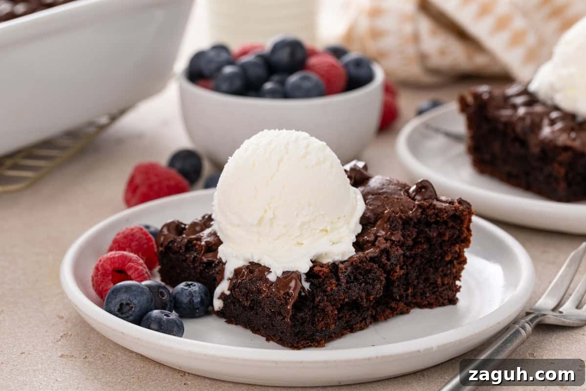 Decadent Chocolate Dump Cake Recipe That Melts in Minutes 4 Slice of chocolate dump cake topped with a scoop of vanilla ice cream on a white plate.