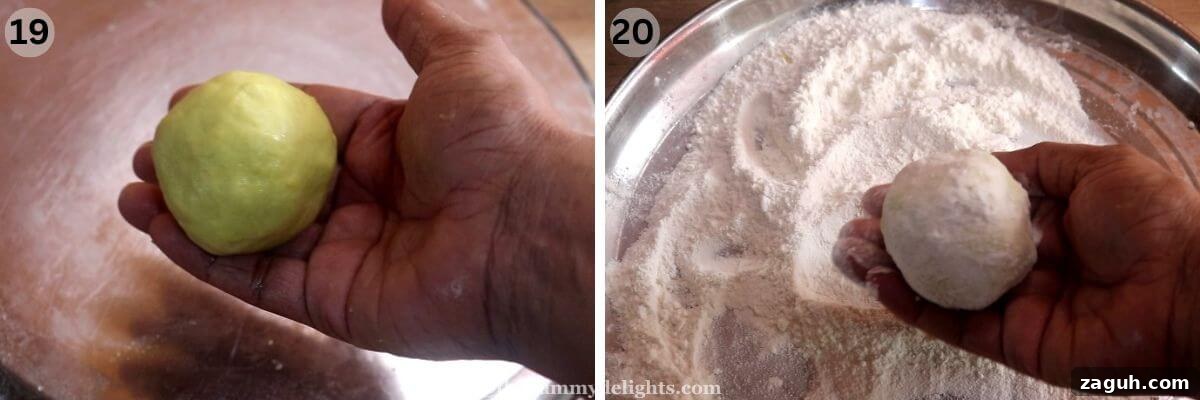 Authentic Maharashtrian Puran Poli Recipe (Puranachi Poli) 12 collage image of 2 steps showing rolling the puran poli balls in dry flour.