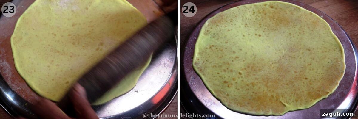 Authentic Maharashtrian Puran Poli Recipe (Puranachi Poli) 13 collage image of 2 steps showing rolling the puran poli.