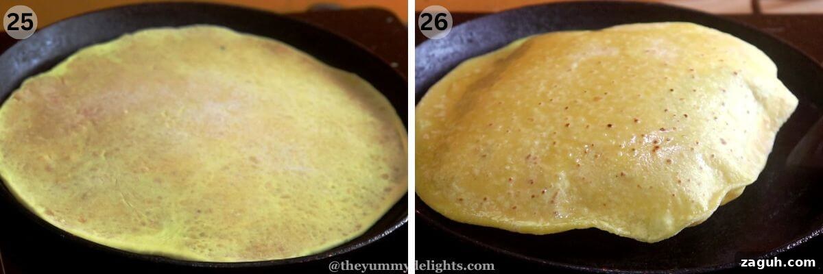 Authentic Maharashtrian Puran Poli Recipe (Puranachi Poli) 14 collage image of 2 steps showing cooking the puran poli.