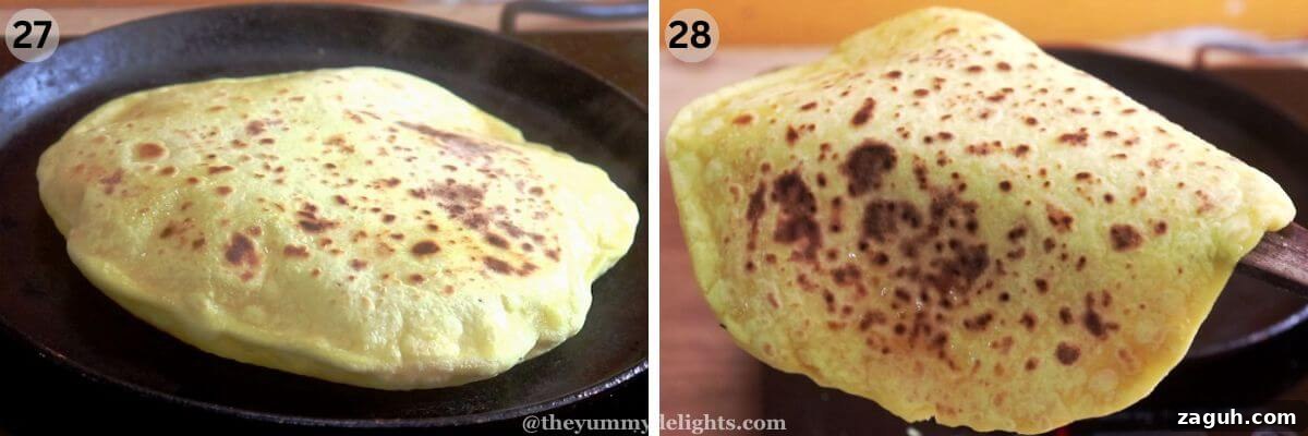Authentic Maharashtrian Puran Poli Recipe (Puranachi Poli) 15 collage image of 2 steps showing puffing up of puran poli.