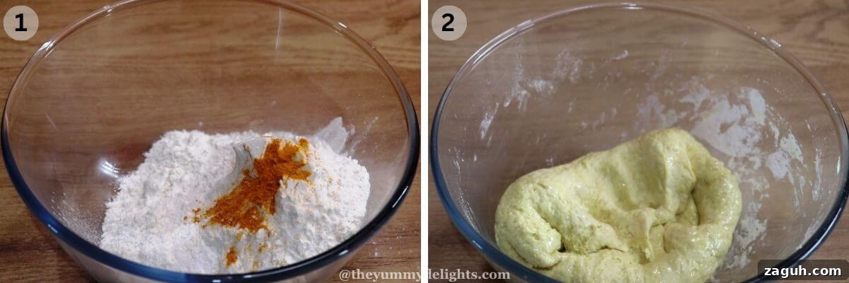 Authentic Maharashtrian Puran Poli Recipe (Puranachi Poli) 3 collage image of 2 steps showing making the Maharashtrian puran poli dough.