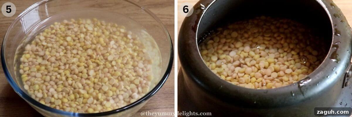 Authentic Maharashtrian Puran Poli Recipe (Puranachi Poli) 5 collage image of 2 steps showing soaked chana dal and adding it to a pressure cooker to make Maharashtrian puran poli recipe.