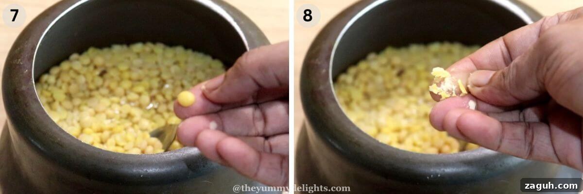 Authentic Maharashtrian Puran Poli Recipe (Puranachi Poli) 6 collage image of 2 steps showing how to check cooked chana dal for making puran, by pressing it between thumb and index finger.