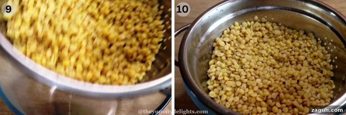 Authentic Maharashtrian Puran Poli Recipe (Puranachi Poli) 7 collage image of 2 steps showing drained chana dal in a colander placed on a glass bowl. It will be used for making puran poli filling.