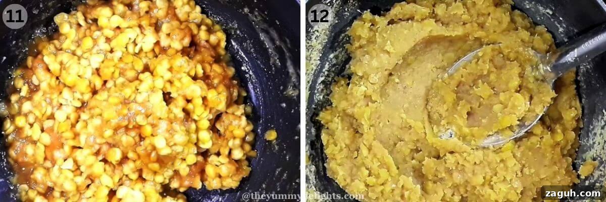 Authentic Maharashtrian Puran Poli Recipe (Puranachi Poli) 8 collage image of 2 steps showing cooking chana dal and jaggery for making maharashtrian puran poli filling.