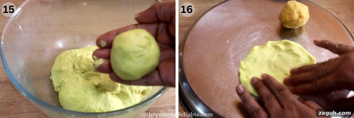 Authentic Maharashtrian Puran Poli Recipe (Puranachi Poli) 10 collage image of 2 steps showing streaching the poli dough with fingers to make puran poli recipe.