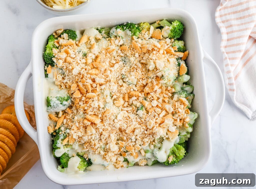 Creamy Broccoli and Cheese Casserole Topped with Ritz Crackers 7 Topping the broccoli and cheese with Ritz crackers