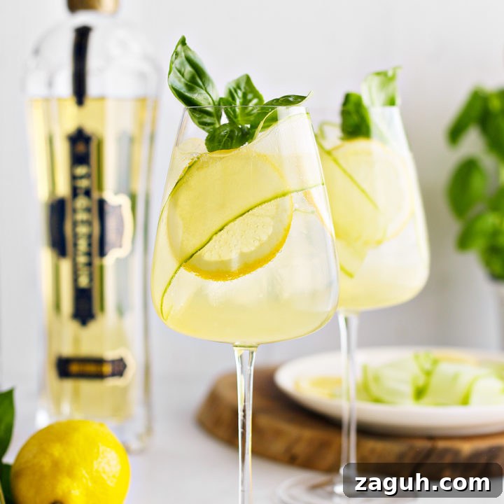 two glasses of st germain spritz garnished with lemon slices, cucumber ribbon, and fresh basil