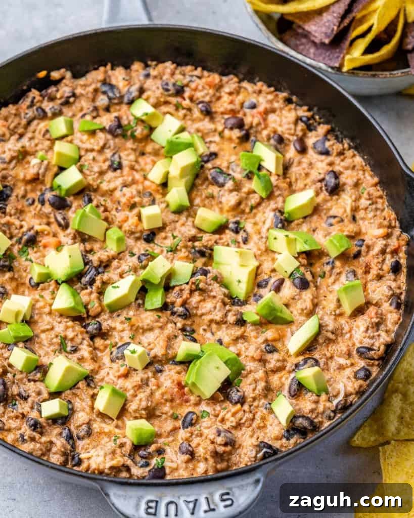 Spicy Chili Cheese Dip Recipe for Parties and Game Day 10 side shot of chili dip in a black skillet