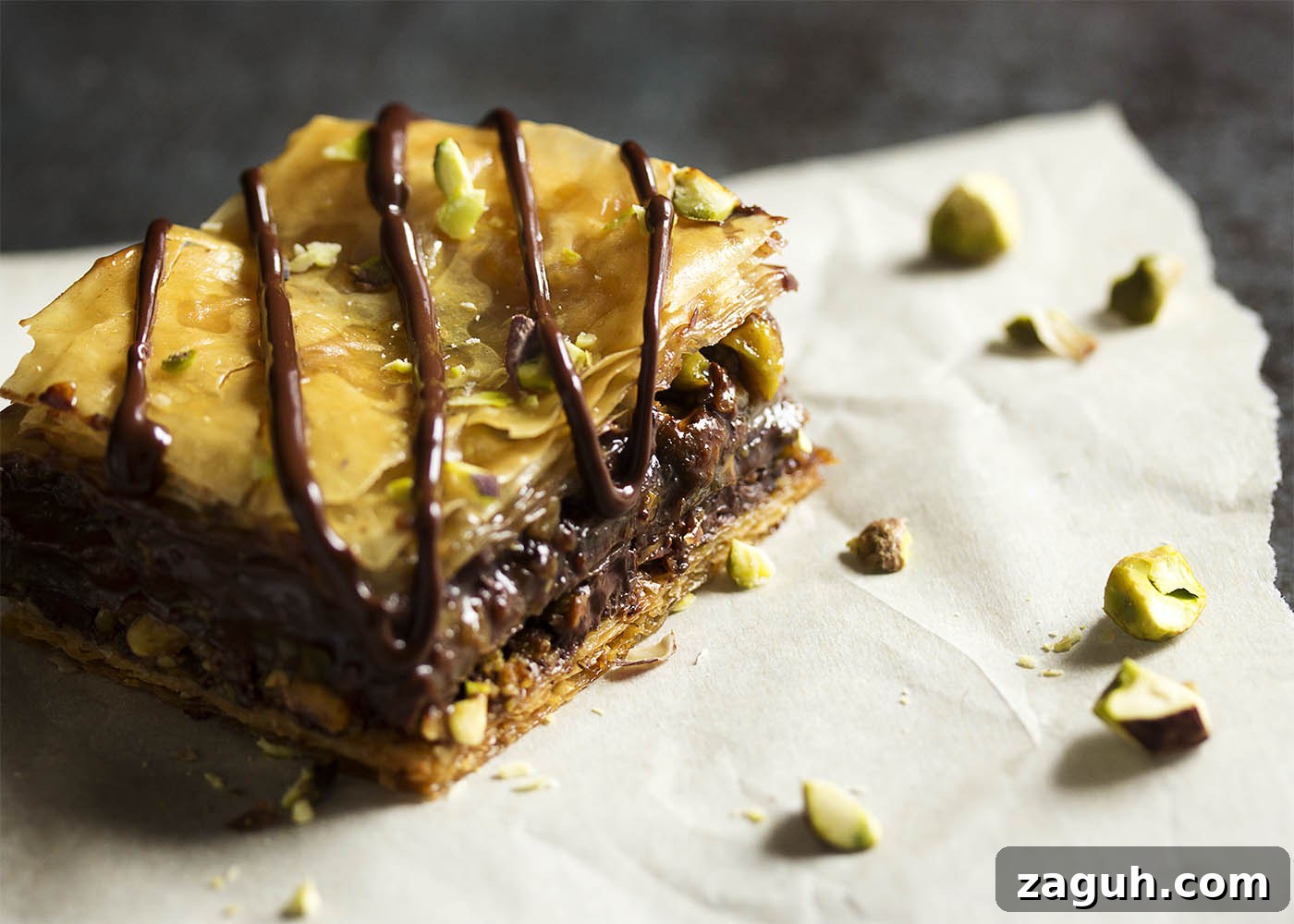 Pistachio Chocolate Baklava: Decadent Layered Dessert Recipe 4 Chocolate baklava drizzled with honey syrup and chocolate makes a stunning dessert for gatherings.