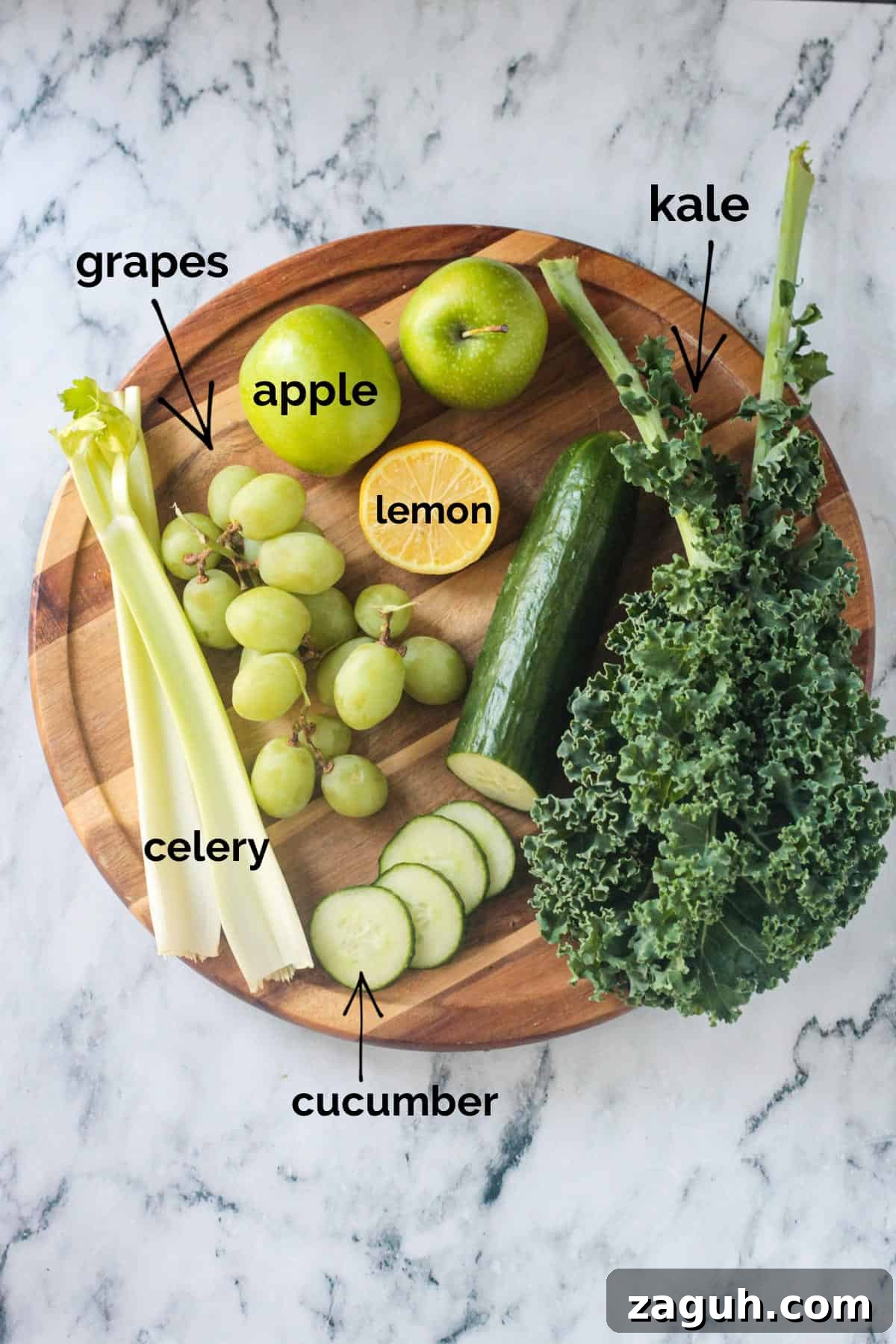 Fresh Green Blender Juice Recipe for Energy and Detox 3 Recipe ingredients arrayed in individual bowls.