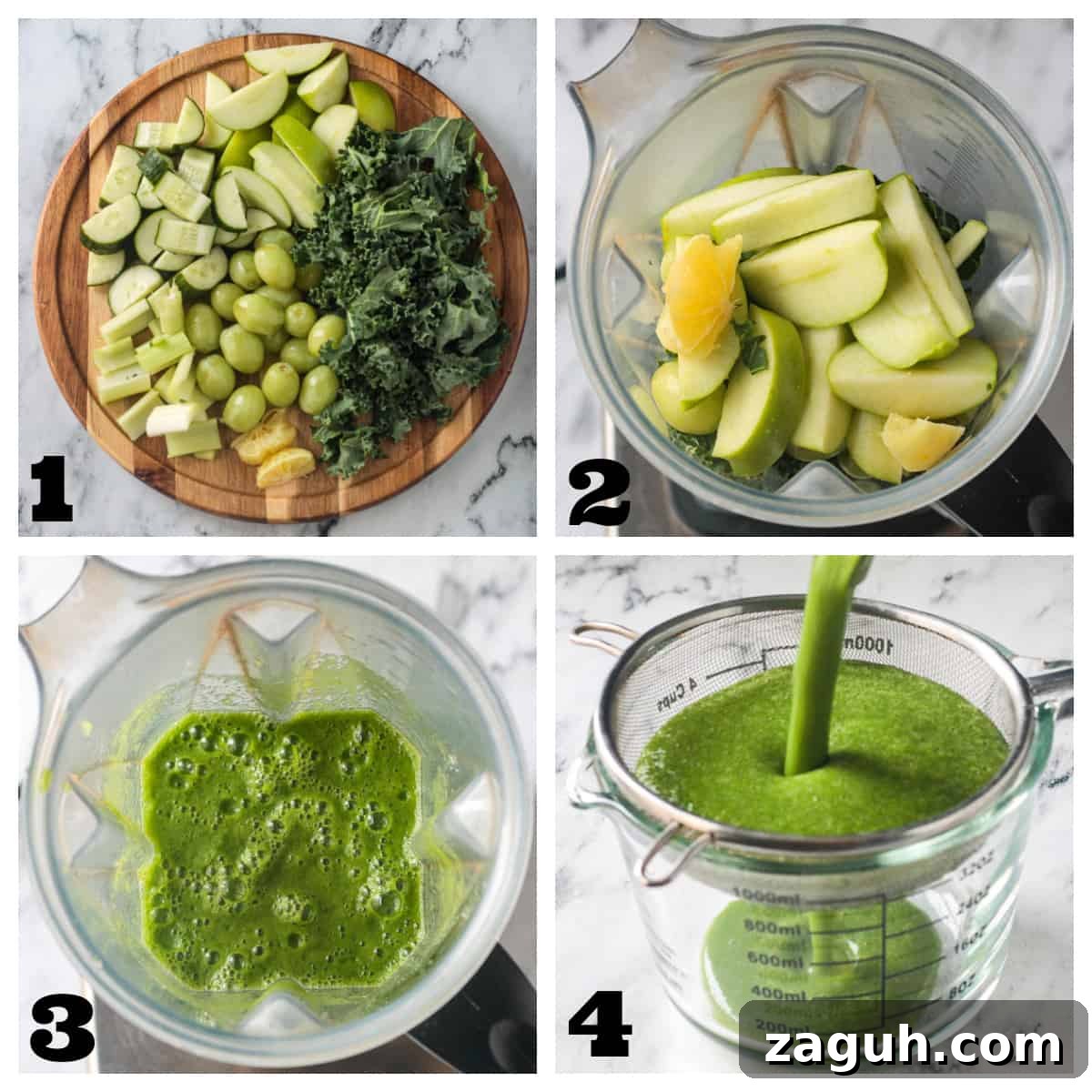 Fresh Green Blender Juice Recipe for Energy and Detox 4 4 photo collage of chopped veggies, ingredients in blender, puréed juice, and straining juice.