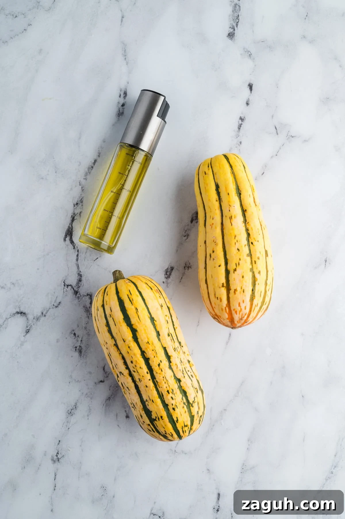An oil mister and two delicata squash on a marble countertop.