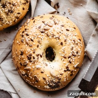 Spelt Flour Bagels: Simple Homemade Recipe 9 Single bagel with seeds on top, on a napkin