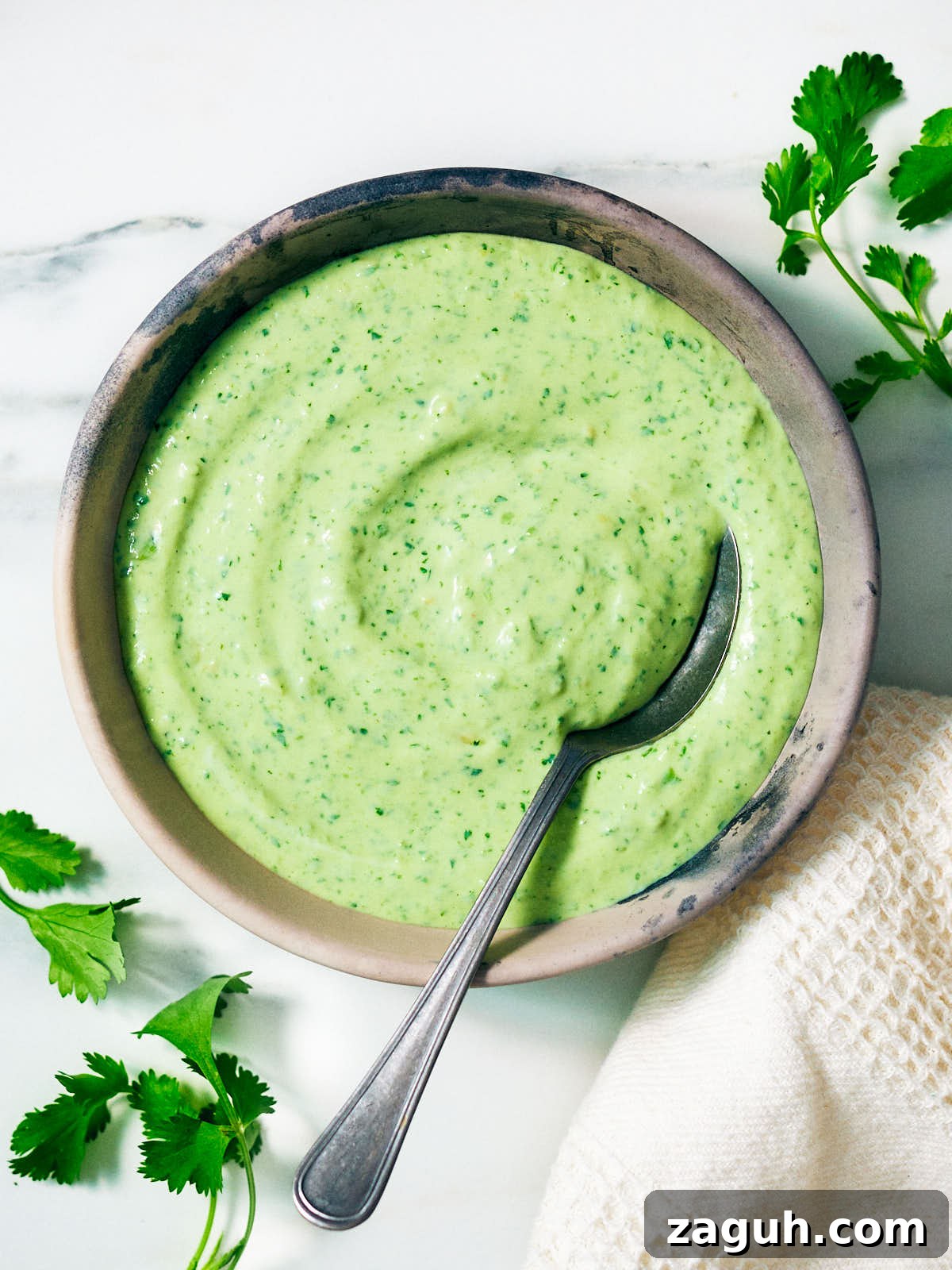 3-Minute Cilantro Yogurt Sauce Recipe for Tacos & Grills 2 Creamy Cilantro Yogurt Sauce in a bowl with a spoon.
