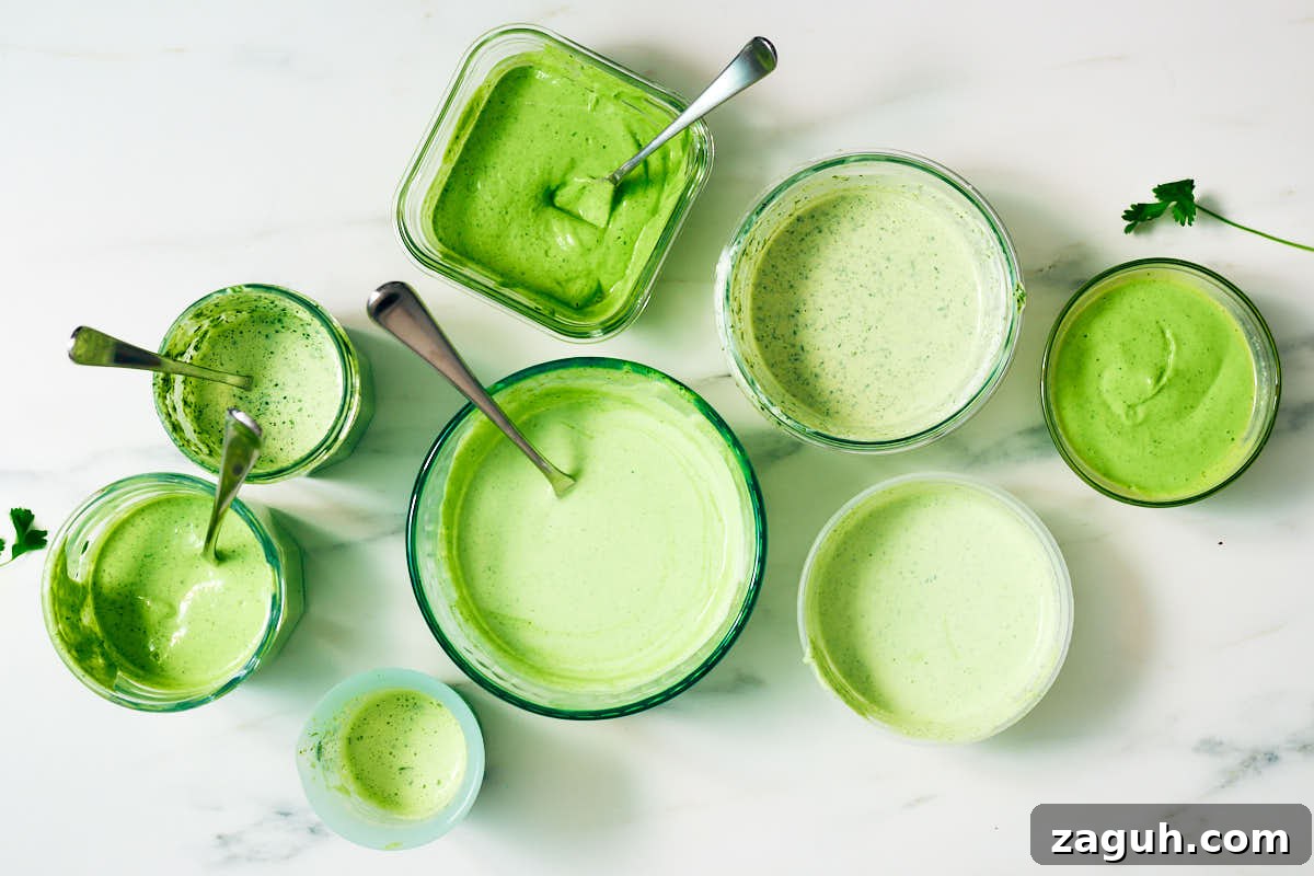3-Minute Cilantro Yogurt Sauce Recipe for Tacos & Grills 9 Different cilantro yogurt sauces in bowls after recipe testing.
