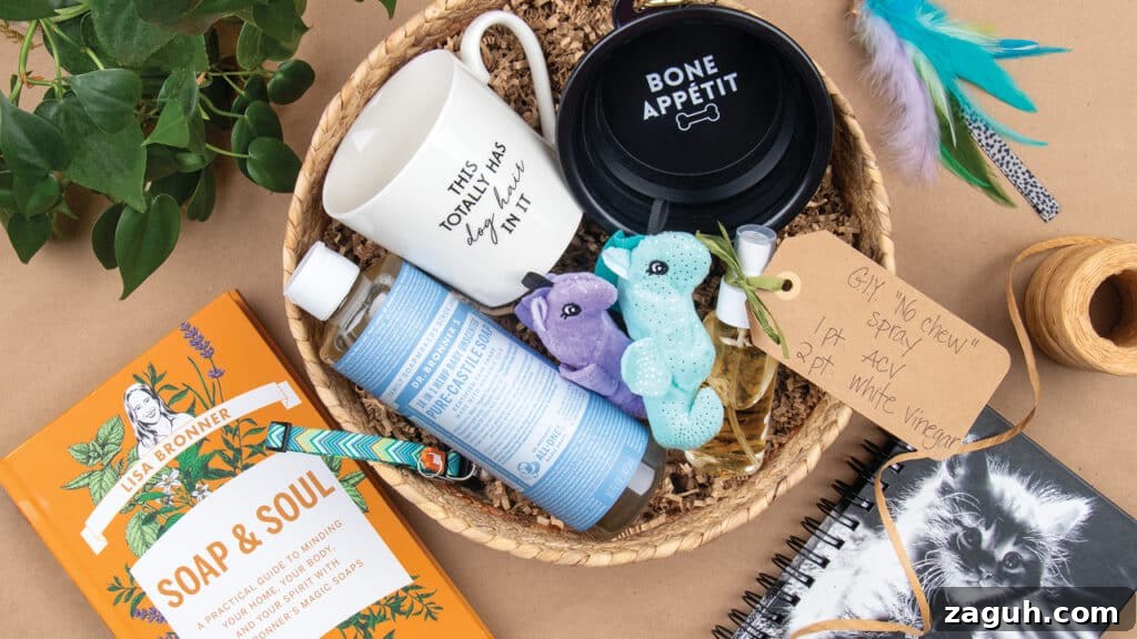 Soap & Soul-Inspired Themed Gift Baskets for Every Occasion 3 Soap & Soul book with pet items: a bowl, journal, ribbon, Castile Soap
