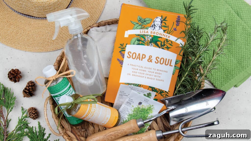 Soap & Soul-Inspired Themed Gift Baskets for Every Occasion 4 Soap & Soul book with gardening items: a trowel, seeds, soap, and a hat