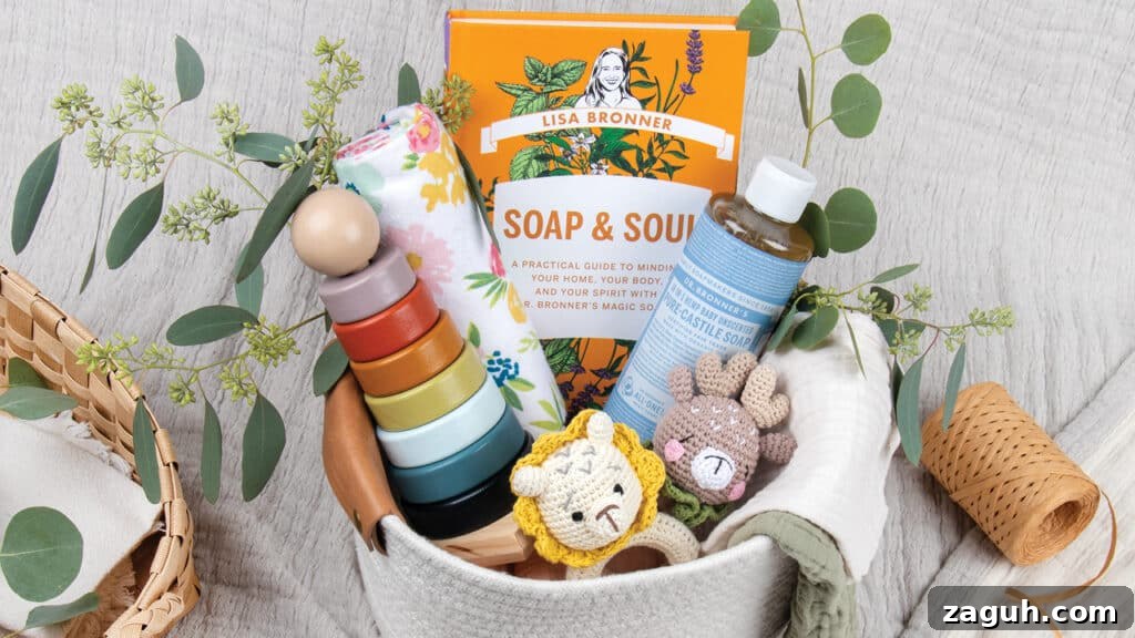 Soap & Soul-Inspired Themed Gift Baskets for Every Occasion 6 Soap & Soul book in a gift basket for baby and parent with blankets and toys and Castile Soap.